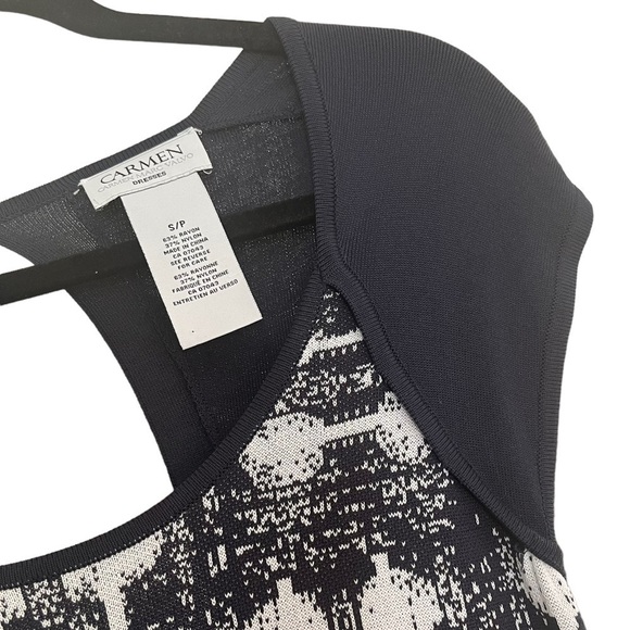 CARMEN Marc Valvo Navy & White Knit Dress with Cap Sleeves & Back Cut Out - Picture 6 of 14